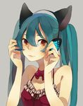  :3 animal_ears aqua_eyes aqua_hair bad_id bad_pixiv_id cat_ear_headphones cat_ears gou_(tomero) hands hatsune_miku headphones long_hair orange_eyes simple_background slit_pupils smile solo twintails vocaloid 