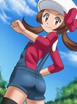  awa blush brown_eyes brown_hair hat hat_ribbon kotone_(pokemon) pokemon pokemon_(game) pokemon_hgss red_ribbon ribbon shorts smile solo thighhighs twintails 