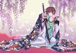  aqua_eyes asbel_lhant bad_id bad_pixiv_id bell brown_hair floral_print flower green_shirt male_focus peony_(flower) shirt solo sword tales_of_(series) tales_of_graces weapon wisteria yuki_(port_fairy) 