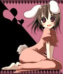  animal_ears barefoot brown_hair bunny_ears bunny_tail dress heart inaba_tewi kneeling kujiran looking_at_viewer open_mouth red_eyes short_hair sitting smile solo tail touhou v_arms wariza 