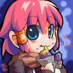  blue_eyes chibi commentary_request daidai_ningen eating food food_on_face hair_tubes lowres oekaki pink_hair quiz_magic_academy ruquia scarf signature sweet_potato yakiimo 