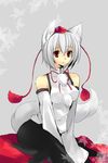 animal_ears bad_id bad_pixiv_id banned_artist bare_shoulders detached_sleeves hat inubashiri_momiji red_eyes short_hair silver_hair sleeves_past_wrists solo tail tokin_hat touhou tsukiriran v_arms wolf_ears wolf_tail 