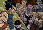  alien black_hair blue_skin burter captain_ginyu clenched_teeth crossed_arms dragon_ball dragon_ball_z ginyu_force grin guldo jeice kuririn male_focus multiple_boys muscle namek nitako no_nose purple_skin recoome red_skin scouter smile son_gohan teeth vegeta veins 