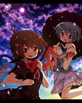  bad_id bad_pixiv_id black_hair blue_eyes blue_hair blush dress heterochromia houjuu_nue letterboxed moon multiple_girls night petals red_eyes short_hair tatara_kogasa touhou umbrella wings yapi_(yabai_toki) 