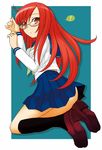  akatsuki_(akatsukishiki) copyright_request glasses long_hair red_eyes red_hair school_uniform serafuku solo 