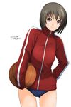  basketball brown_eyes brown_hair buruma jacket original ryouzou short_hair signature simple_background smile solo sweater track_jacket track_suit 