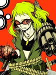  ai3156 ammunition_belt bad_id bad_pixiv_id bokura_no_16bit_warz_(vocaloid) cuts gatling_gun goggles green_eyes green_hair gumi gun huge_weapon injury solo treble_clef vocaloid weapon 