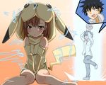  1girl biribiri brown_eyes brown_hair cosplay costume electricity gen_1_pokemon kamijou_touma kamo_(yokaze) laughing misaka_mikoto pikachu pikachu_(cosplay) pokemon power_connection short_hair to_aru_kagaku_no_railgun to_aru_majutsu_no_index 