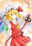  ascot blonde_hair crystal dress flandre_scarlet hat hat_ribbon jewelry looking_at_viewer mob_cap necklace puffy_short_sleeves puffy_sleeves red_dress red_eyes ribbon semosu short_sleeves side_ponytail solo stick touhou vampire 