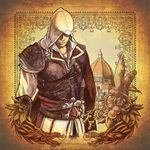  assassin's_creed_(series) assassin's_creed_ii cape ezio_auditore_da_firenze highres hinoe_(dd_works) hood jewelry male_focus necklace smile solo vambraces 