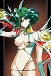  breasts brown_background cowboy_shot ferakia_(langrisser) green_hair hikaru_(mikan0407) langrisser large_breasts looking_away monster_girl navel official_style revealing_clothes short_hair smile solo urushihara_satoshi_(style) 