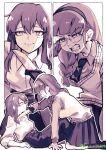  2girls at_knifepoint blade_to_throat braid cardigan clenched_teeth collared_shirt commentary_request fang fuurinura glasses greyscale headband highres holding holding_knife kneeling knife long_hair long_sleeves looking_at_another looking_at_viewer mahou_shoujo_ni_akogarete mole mole_under_mouth momomori_momo monochrome multiple_girls necktie pants pleated_skirt round_eyewear scar scar_on_cheek scar_on_face shirt single_braid skirt sleeves_rolled_up smile tanaka_michiko tearing_up teeth twitter_username white_background 
