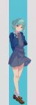  1girl absurdres aqua_background aqua_hair arms_behind_back blue_jacket braid braided_twintails breasts brown_shoes closed_mouth collared_shirt commentary_request crossed_legs dress dress_shirt flower full_body grey_dress highres jacket loafers long_sleeves looking_at_viewer loose_socks love_live! love_live!_superstar!! medium_hair neck_ribbon official_art onitsuka_tomari open_clothes open_jacket pillarboxed pink_eyes red_ribbon ribbon school_uniform shirt shoes short_dress sidelocks simple_background small_breasts smile socks solo standing twin_braids twintails watson_cross white_shirt white_socks winter_uniform yellow_flower yuigaoka_school_uniform 