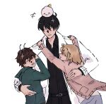  1girl 2boys antennae biyoo_(omniscient_reader's_viewpoint) black_hair black_shirt cardigan coat collared_shirt commentary dual_persona english_commentary fake_antennae green_jacket grin group_hug hand_on_another's_back highres hood hood_down hug jacket lee_gilyoung multiple_boys omniscient_reader's_viewpoint open_clothes open_coat pink_cardigan rhaastyogurt shin_yoosung shirt short_hair smile white_coat 