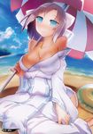  absurdres aho bare_shoulders beach blue_eyes blue_hair breasts day highres innertube japanese_clothes kimono large_breasts outdoors pinky_out senran_kagura short_hair smile solo umbrella water yumi_(senran_kagura) 