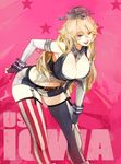  bad_id bad_pixiv_id banned_artist belt black_gloves blonde_hair blue_eyes breasts character_name cleavage elbow_gloves fingerless_gloves garter_straps gloves hand_on_own_knee iowa_(kantai_collection) kantai_collection large_breasts long_hair looking_at_viewer pink_background smile solo star thighhighs tribute 