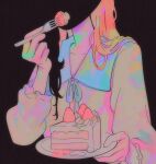  1girl :o asukashikinami bad_anatomy bad_hands black_background cake cake_slice colorful commentary eating english_commentary faceless faceless_female food fork frills highres holding holding_cake holding_food holding_fork long_hair neck_ribbon open_mouth orange_hair original plate ribbon school_uniform simple_background solo strawberry_shortcake white_ribbon 