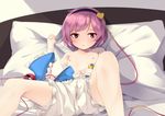  arai_togami areolae bed bloomers blush breasts collarbone hairband heart komeiji_satori long_sleeves looking_at_viewer lying navel nipples on_back parted_lips pillow pink_hair red_eyes short_hair small_breasts solo spread_legs third_eye touhou underwear wide_sleeves 