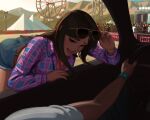  1boy 1girl adjusting_eyewear alice_hart_(forza) ass aviator_sunglasses belt bent_over blue_shorts bracelet brown_belt brown_eyes brown_hair car_interior collared_shirt commentary crowd english_commentary ferris_wheel forza forza_horizon highres jewelry looking_at_viewer mel0dycrash mountain open_mouth plaid_clothes plaid_shirt player_character_(forza_horizon) pov purple_shirt shirt shorts smile sunglasses tent vehicle_interior white_shirt 