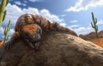  animal animal_focus cactus claws cloud forked_tongue gila_monster johannatarkela lizard looking_at_viewer nature no_humans open_mouth original outdoors painterly photorealistic realistic scenery sky solo tongue tongue_out 