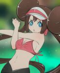  1girl arm_across_chest armpits arms_up bare_arms bare_hips bare_shoulders bikini bikini_top_only black_pants blue_eyes blush breasts brown_hair cleavage clenched_hands collarbone commentary determined donut_hair_bun english_commentary exercising exhibitionism eyelashes flexing hair_bun highres long_hair midriff navel omiza_somi open_mouth outdoors pants pink_bikini pokemon pokemon_black_2_and_white_2 public_indecency rosa_(pokemon) shiny_clothes shirt sidelocks skin_tight small_breasts solo sports_bikini standing stomach stretching swimsuit tight_clothes tight_pants twintails two-tone_headwear underwear unworn_shirt v-shaped_eyebrows very_long_hair visor_cap yoga_pants 