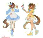  2girls absurdres agnes_tachyon_(umamusume) ahoge alternate_costume animal_ears apron blue_bow blue_dress blue_socks bow breasts brown_hair calamity_brezze closed_mouth cup dress earrings ears_through_headwear flask food hair_between_eyes hair_ornament hairclip hand_on_own_hip hat highres holding holding_cup horse_ears horse_girl horse_tail jewelry jungle_pocket_(umamusume) long_sleeves looking_at_viewer medium_hair multiple_girls notched_ear one_eye_closed open_mouth parfait red_eyes round-bottom_flask sailor_collar shirt shoes skirt smile socks tail umamusume waitress white_apron white_sailor_collar white_shoes white_socks yellow_bow yellow_eyes yellow_shirt yellow_shoes yellow_skirt 