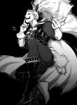  16wame 1boy boots cape commentary_request dated earrings elbow_gloves facepaint final_fantasy final_fantasy_vi finger_to_mouth fingernails floating gloves greyscale highres jewelry kefka_palazzo makeup male_focus monochrome outstretched_hand pointy_ears ponytail sharp_fingernails single_elbow_glove single_glove solo 