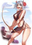  :d ayakumo bandaid bandaid_on_face bikini blue_sky blush breasts cloud cloudy_sky contrapposto curled_horns day fang fishing_rod hips holding horizon horns large_breasts looking_at_viewer midriff navel ocean open_mouth original red_eyes short_hair silver_hair skindentation sky smile solo standing stomach sweat swimsuit thong_bikini toned tongue white_bikini_bottom 
