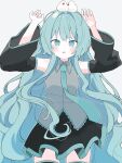  1girl alternate_hairstyle animal_on_head aqua_eyes aqua_hair aqua_necktie aqua_trim arms_up bare_shoulders bird bird_on_head black_skirt black_sleeves black_thighhighs blush collared_shirt commentary_request detached_sleeves dot_nose grey_shirt hair_down hair_intakes hatsune_miku highres long_hair looking_at_viewer necktie on_head open_mouth pleated_skirt shirt simple_background skirt sleeveless sleeveless_shirt solo teeth thighhighs tori_(tori_nankotsu96) upper_teeth_only very_long_hair vocaloid white_background wide_sleeves wing_collar zettai_ryouiki 