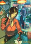  1boy 1girl absurdres ada_wong black_gloves black_hair black_pants blonde_hair breasts commentary cross cross_necklace dated english_commentary flower gloves hanging_light highres holding holding_flower holding_phone indoors jewelry large_breasts leon_s._kennedy lips necklace pants parted_lips people phone red_flower red_lips red_rose red_skirt resident_evil resident_evil_6 rose short_hair skirt talking_on_phone window writing zhu333991 