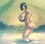  1girl ass breasts covering covering_breasts green_eyes green_hair hair_over_one_eye highres huge_breasts looking_at_viewer nude okai outdoors sky solo water 