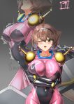  1girl blush bodysuit breasts brown_hair commentary_request cosplay flipped_hair g_gundam green_eyes gundam headgear highres impossible_bodysuit impossible_clothes kantai_collection large_breasts looking_at_viewer mecha_pilot_suit mobile_trace_suit multicolored_bodysuit mutsu_(kancolle) open_mouth pink_bodysuit rain_mikamura rain_mikamura_(cosplay) short_hair skin_tight smile solo wata_nuki 