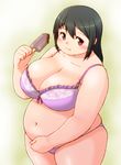  black_hair blush bra breasts brown_eyes cleavage eating fat food from_above huge_breasts katou_(katohayabusa) long_hair looking_at_viewer navel obese original panties popsicle smile solo underwear underwear_only 