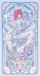  1girl absurdres animal_skull bare_shoulders blue_eyes blue_flower border card_(medium) chinese_commentary choker circlet closed_mouth commentary_request commission detached_sleeves dragon_horns dress expressionless fern floral_background floral_rebirth_(infinity_nikki) flower full_body hair_flower hair_ornament happy highres holding holding_flower horns infinity_nikki jewel_under_eye lace lace_choker lipstick long_dress long_hair long_sidelocks long_sleeves looking_at_viewer makeup nikki_(series) outside_border picture_frame pink_hair pink_lips pleated_dress purple_border purple_flower sample_watermark see-through_clothes see-through_veil sidelocks sitting solo spider_lily stained_glass strapless strapless_dress tight_clothes tight_dress too_many_watermarks veil very_long_hair watermark wavy_hair white_choker white_dress white_flower white_horns white_sleeves white_veil zhacai_baobao 