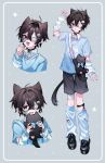  1boy absurdres animal_ears arm_warmers bandaged_leg bandages bandaid bandaid_on_arm bandaid_on_cheek bandaid_on_face bell bishounen black_shoes black_shorts blue_leg_warmers blue_shirt brown_eyes brown_hair cat_boy cat_ears cat_hair_ornament cat_tail collar collared_shirt eyepatch fang hair_between_eyes hair_intakes hair_ornament highres leg_warmers male_focus medical_eyepatch neck_bell noma_ebi open_mouth original shirt shoes shorts skin_fang smile solo tail white_arm_warmers white_shirt 