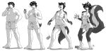  2013 4_breasts alanscampos anthro barefoot big_breasts breast_growth breasts clothed clothing drinking eyes_closed female gender_transformation hair human human_to_anthro male mammal mephitid monochrome mtf_transformation multi_breast nipples open_mouth sequence short_hair skunk solo standing surprise tail_growth topless transformation 
