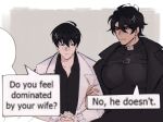  2boys angry averting_eyes belt_collar black_coat black_eyes black_hair black_shirt chest_belt coat collar commentary english_text hand_on_another's_arm highres kim_dokja looking_to_the_side male_focus meme multiple_boys narrowed_eyes omniscient_reader's_viewpoint open_clothes open_coat own_hands_clasped own_hands_together pectorals popped_collar possessive rhaastyogurt shirt short_hair sweatdrop untranslatable_commentary white_coat yaoi yoo_joonghyuk 