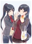  agano_(kantai_collection) bag black_hair brand_name_imitation casual denim grocery_bag highres jacket jeans kantai_collection long_hair multiple_girls osterei pants ponytail red_eyes shopping_bag skirt smile wiping_mouth yahagi_(kantai_collection) 