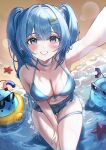  1girl :d absurdres arahashi_tabi arm_up armpits beach bikini bikini_top_only blue_bikini blue_eyes blue_hair blue_nails blue_shorts blush breasts cleavage commentary cowboy_shot denim denim_shorts hair_between_eyes hair_ornament hairclip hand_on_own_leg highres large_breasts long_hair looking_at_viewer midriff navel nurie6351 ocean open_mouth outdoors parallel_hairclips pungdangi_(arahashi_tabi) selfie shorts sidelocks smile solo starfish stellive sweat swim_ring swimsuit thighs twintails virtual_youtuber water wet 