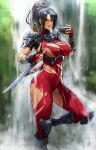  1girl arm_guards armor bodysuit breasts brown_eyes brown_hair commentary covered_navel english_commentary eu03 high_ponytail highres large_breasts long_hair looking_at_viewer ponytail red_bodysuit sheath shoulder_armor solo soulcalibur taki_(soulcalibur) torn_clothes water waterfall 