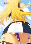  american_flag_panties ass back bad_id bad_pixiv_id belt blonde_hair blue_sky cloud cowboy_shot crotch_seam day facing_away flag_print from_behind from_below garter_straps gloves horizontal_stripes iowa_(kantai_collection) kantai_collection long_hair miniskirt panties pantyshot pantyshot_(standing) recording skirt sky sleeveless solo standing star star_print striped sweat tear_tear0320 underwear upskirt vertical_stripes 