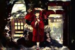  alternate_costume black_hair bunny full_body hair_ribbon hair_tubes hakurei_reimu highres japanese_clothes konabetate long_sleeves looking_up oriental_umbrella ribbon rope sandals shimenawa short_hair snow snowing socks solo torii touhou tree umbrella white_legwear wide_sleeves 