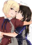  2girls blue_dress blue_ribbon brown_hair cheek-to-cheek commentary dress hair_ribbon heads_together highres hug hug_from_behind inoue_takina licking_lips long_hair lycoris_recoil lycoris_uniform mizuki_(mi_lycoreco) multiple_girls nishikigi_chisato purple_eyes red_dress red_eyes red_ribbon ribbon simple_background tongue tongue_out twitter_username watermark white_background yuri 