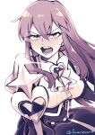  1girl alternate_costume blush bow bowtie commentary_request elbow_gloves fuurinura gloves greyscale hair_between_eyes heart-shaped_gem high-waist_skirt highres holding holding_wand long_hair looking_at_viewer magical_girl mahou_shoujo_ni_akogarete monochrome open_mouth scar scar_on_cheek scar_on_face shirt simple_background skirt solo tanaka_michiko teeth tongue twitter_username wand white_background white_shirt 