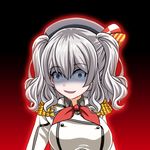  :d aura beret commentary_request dark_aura epaulettes hat kantai_collection kashima_(kantai_collection) long_hair looking_at_viewer open_mouth shaded_face silver_eyes silver_hair smile smirk solo tk8d32 twintails 