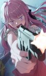  1girl absurdres bare_shoulders beretta_92 black_ribbon blurry blurry_background blurry_foreground boku_no_edamame commentary_request fingernails firing gun hair_ribbon handgun highres holding holding_gun holding_weapon indoors long_hair mikogami_kotone nail_polish nijisanji open_mouth pink_eyes pink_hair pink_nails pink_skirt revolver ribbon shirt skirt solo tearing_up v-shaped_eyebrows v-shaped_eyes virtual_youtuber weapon white_shirt 