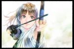  aiming arrow bow_(weapon) brown_eyes brown_hair drawing_bow gloves highres holding holding_arrow holding_bow_(weapon) holding_weapon japanese_clothes kinoebi original ponytail simple_background single_glove solo weapon 