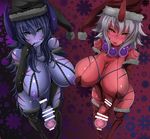  2girls areola_slip areolae bare_shoulders blue_hair blue_skin blush bra breasts character_request christmas elbow_gloves erect_nipples futanari gloves grey_hair hat horns huge_breasts large_penis long_hair looking_at_viewer multiple_girls nipples nipples_touching open_mouth penis red_skin short_hair smile thighhighs tongue underwear yellow_eyes 