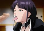  1girl bleach blush censored clothed_female_nude_male detached_collar erection green_eyes highres kurotsuchi_nemu kyabakurabakufu long_hair looking_at_another mosaic_censoring open_mouth penis purple_hair saliva solo_focus standing sweat tongue tongue_out upper_body 