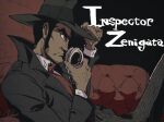  1boy black_coat black_hair black_hat brown_pants character_name cleft_chin closed_mouth coat commentary couch cuffs english_commentary fedora feet_out_of_frame from_side frown hand_on_own_hat handcuffs hands_up hat holding holding_handcuffs lapels leg_up long_sleeves looking_ahead lupin_iii lupin_the_third:_mine_fujiko_to_iu_onna male_focus necktie notched_lapels nowit7hotter on_couch pants profile red_necktie short_hair shoulder_boards sideburns signature sitting solo thick_eyebrows trench_coat zenigata_kouichi 